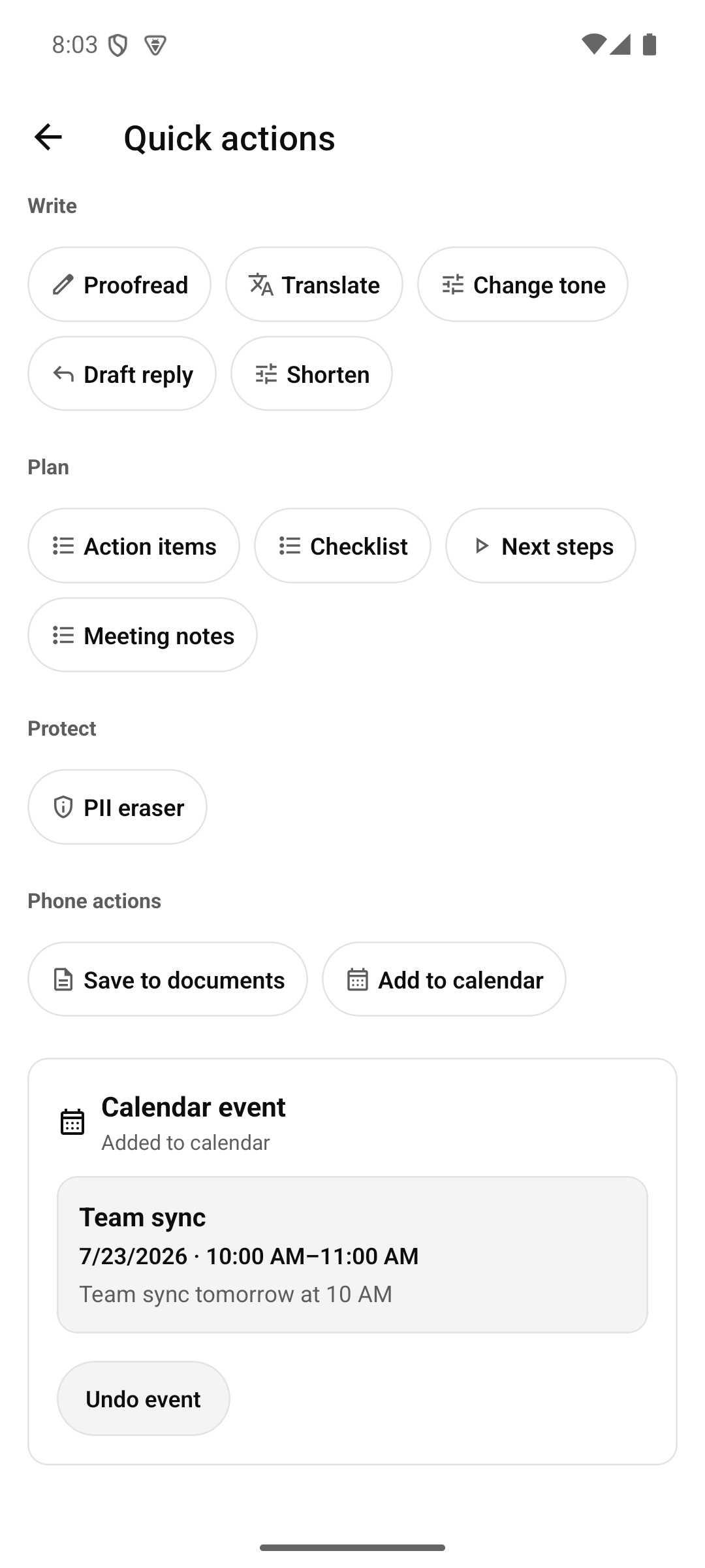 Marmot calendar action card showing an approved event and Undo event