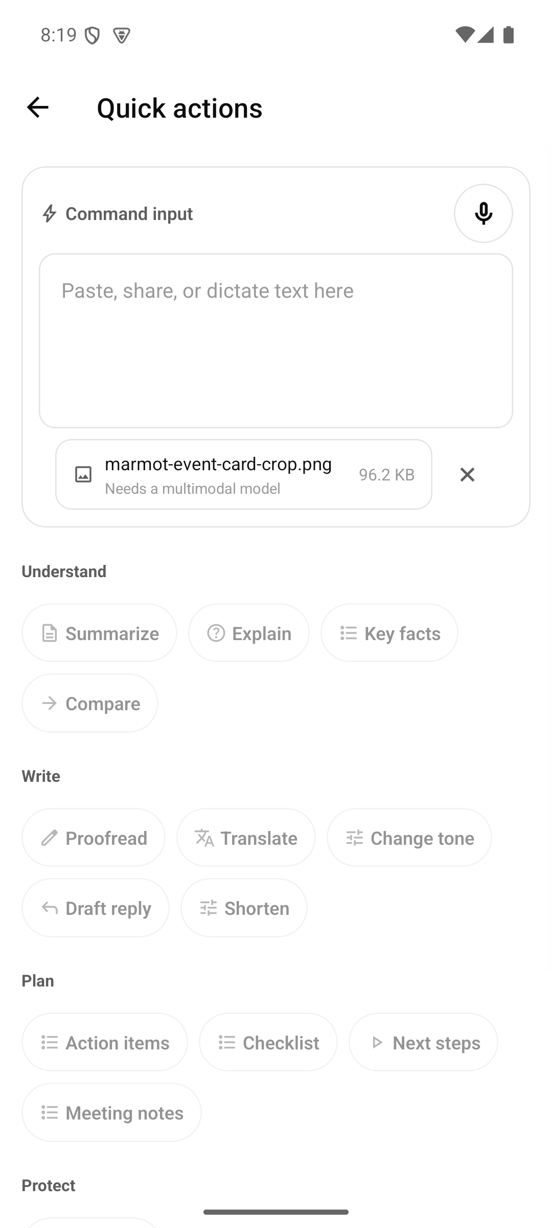 Marmot Quick actions showing an image received from an external Android share